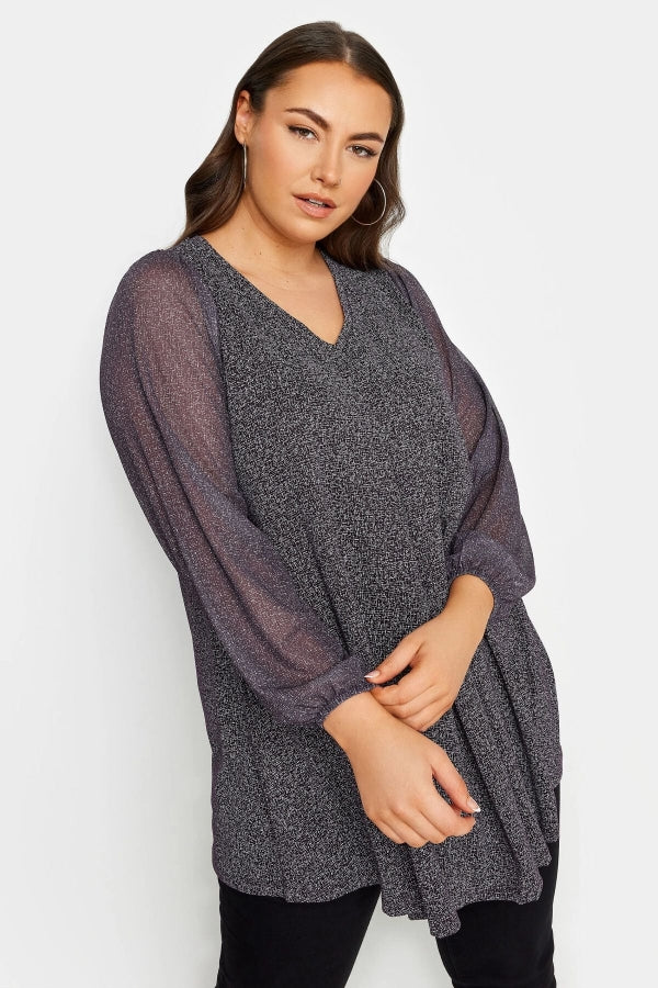 Büyük Beden Uzun Kolları Tül Detaylı Pileli V Yaka Bluz 302828 Vervegrand
