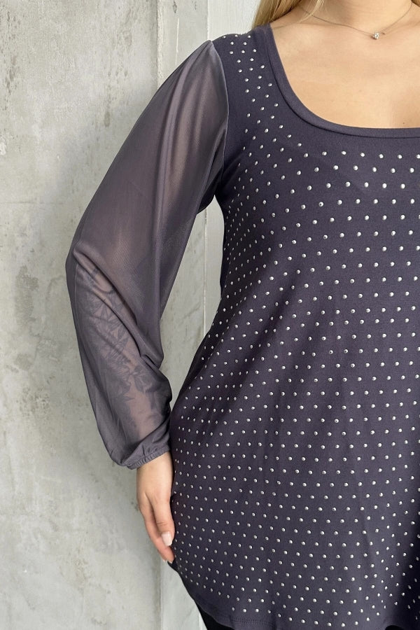 Büyük Beden Uzun Tül Kol Önü Taş İşlemeli Bisiklet Yaka Bluz 321850-U Vervegrand