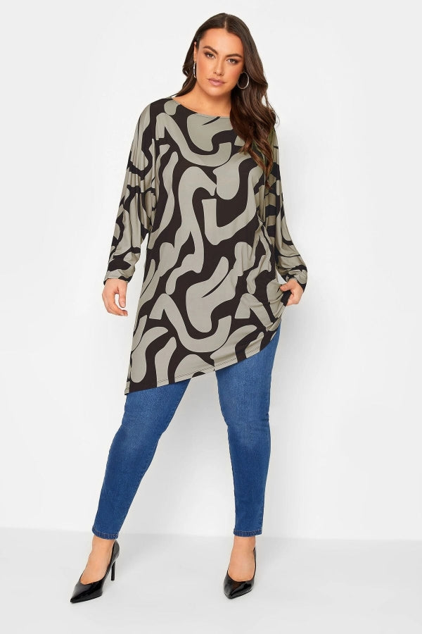 Büyük Beden Desenli Asimetrik Kesim Kayıkçı Yaka Uzun Kollu Bluz 302058 Vervegrand