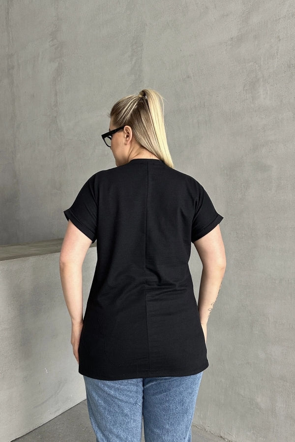 Büyük Beden Kısa Kollu V Yaka Yanları Yırtmaçlı Basic T-shirt RFT-02 Vervegrand