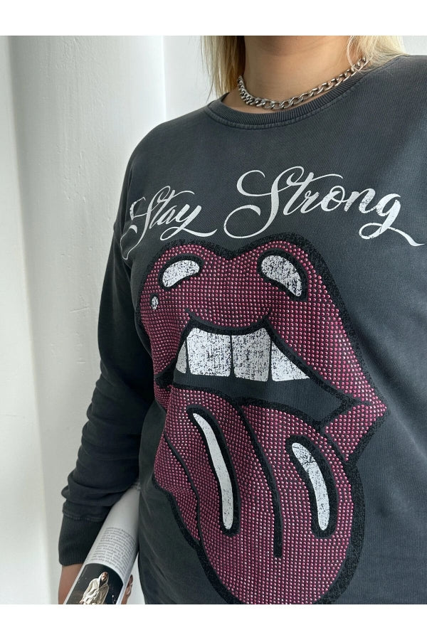 Büyük Beden Bisiklet Yaka Baskılı Pul Detaylı Yıkamalı Sweatshirt 301252 Vervegrand