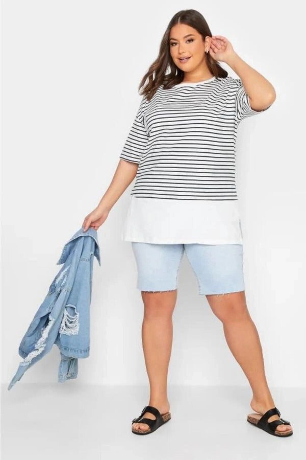 Büyük Beden Bisiklet Yaka Kısa Kollu Yırtmaç Detaylı Çizgili T-shirt 301617 Vervegrand