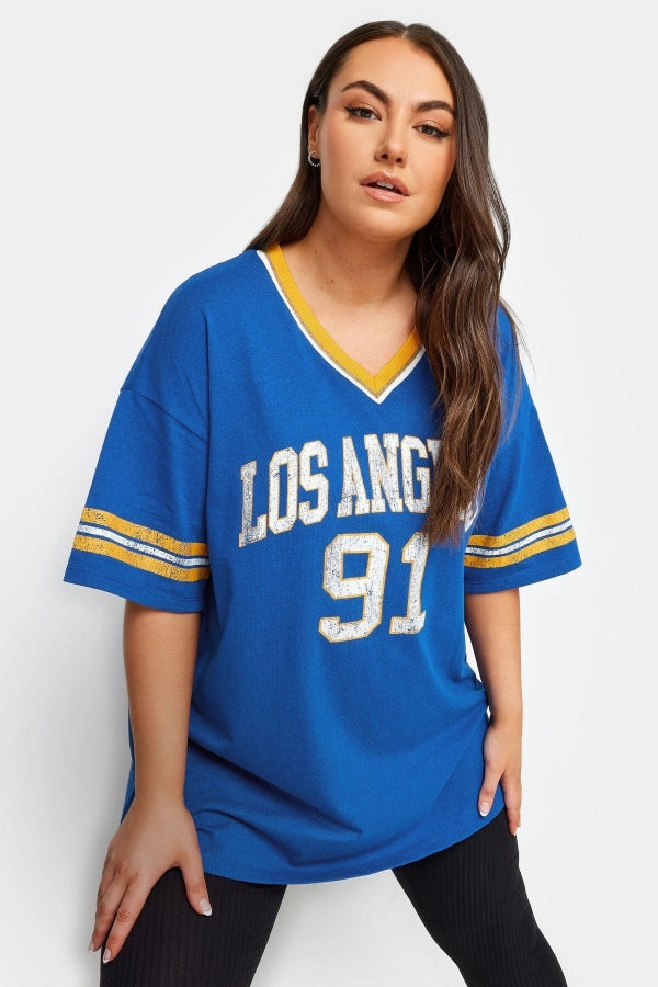 Vervegrand büyük beden V yaka mavi Los Angeles baskılı t-shirt