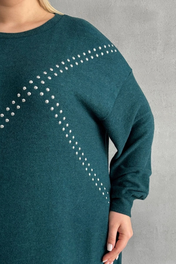 Büyük Beden Uzun Kollu Yumuşak Dokulu Taş İşlemeli Triko Elbise 285040 Vervegrand