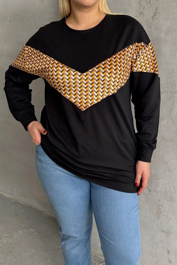 Büyük Beden Bisiklet Yaka Uzun Kollu Desenli Sweatshirt 300334 Vervegrand