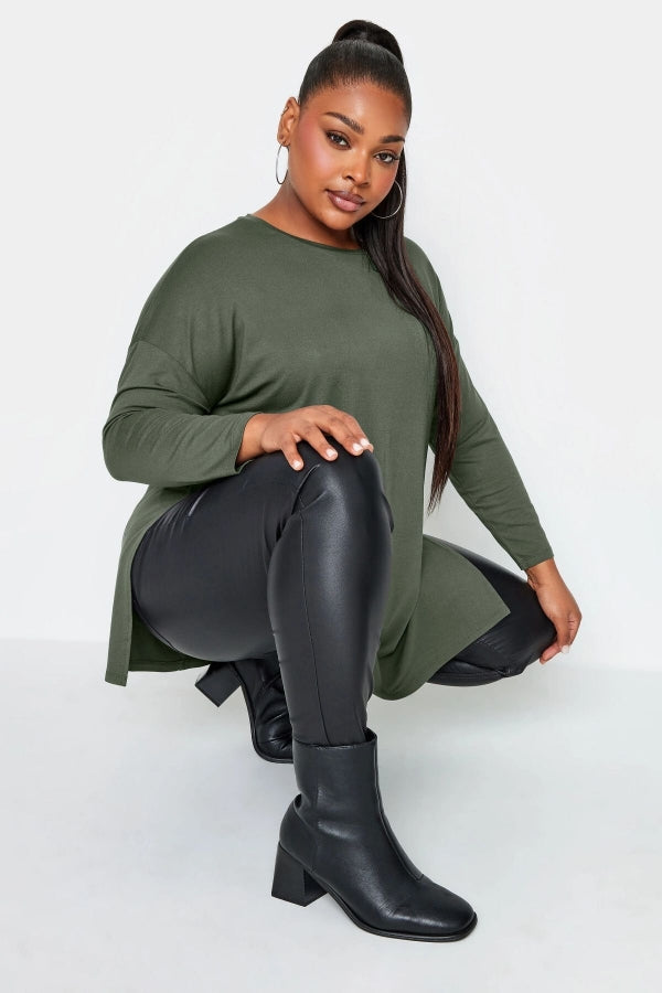 Büyük Beden Bisiklet Yaka Yırtmaç Detaylı Uzun Kollu Oversize Bluz 321293 Vervegrand