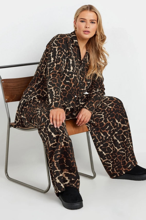 Büyük Beden Uzun Kollu Önü Düğmeli Leopar Desenli Gömlek 322258 Vervegrand