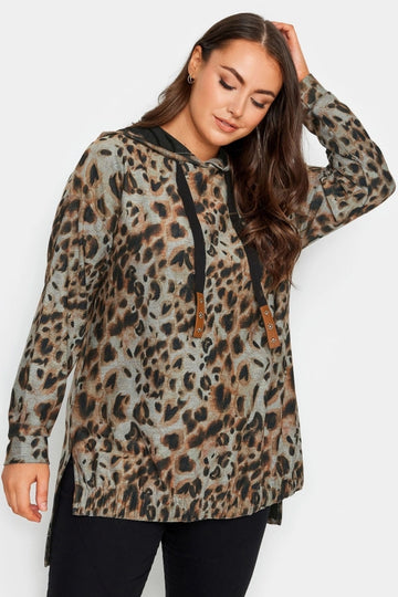 Vervegrand büyük beden leopar desenli kapüşonlu sweatshirt ön görünüm