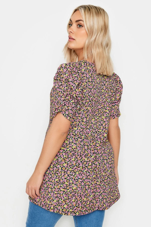 Büyük Beden V Yaka Kolları Drapeli Kısa Kollu Desenli Bluz 321726 Vervegrand