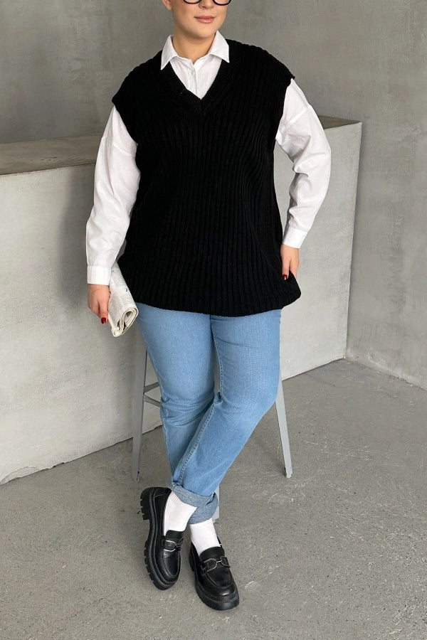 Büyük Beden V Yaka Kısa Kollu Triko Süveter 302134 Vervegrand