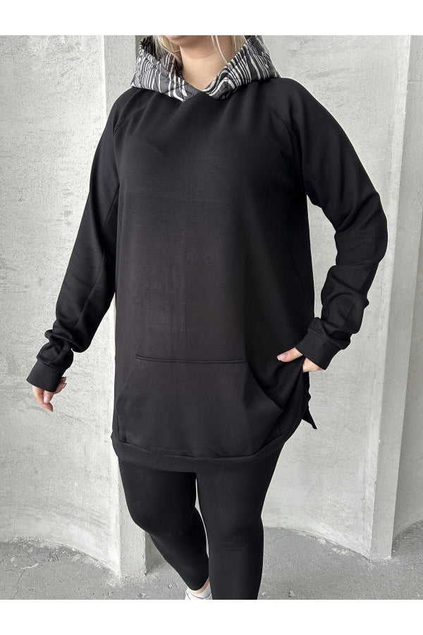 Büyük Beden Uzun Kollu Kapüşonlu Kanguru Cepli Yanları Yırtmaçlı Sweatshirt 300372 Vervegrand