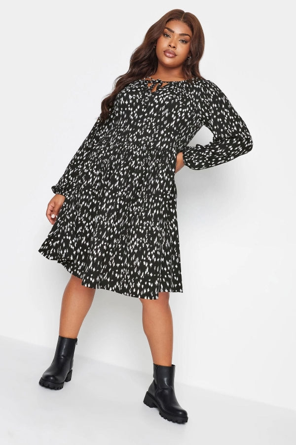 Büyük Beden Önü Bağlama Detaylı Desenli Uzun Kollu Kısa Elbise 137627 Vervegrand