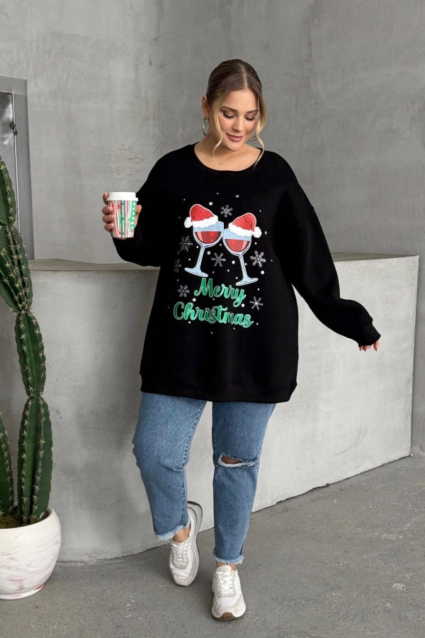 Vervegrand büyük beden yılbaşı temalı siyah kadın sweatshirt