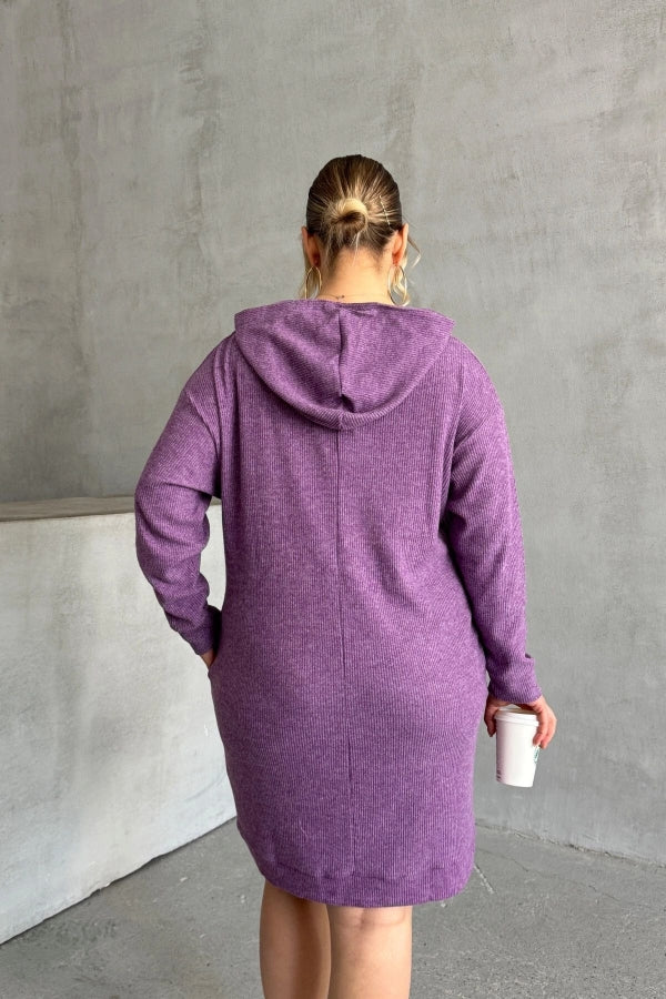 Büyük Beden Kapüşonlu Boncuk İşlemeli Cepli Sweatshirt Elbise 301802 Vervegrand
