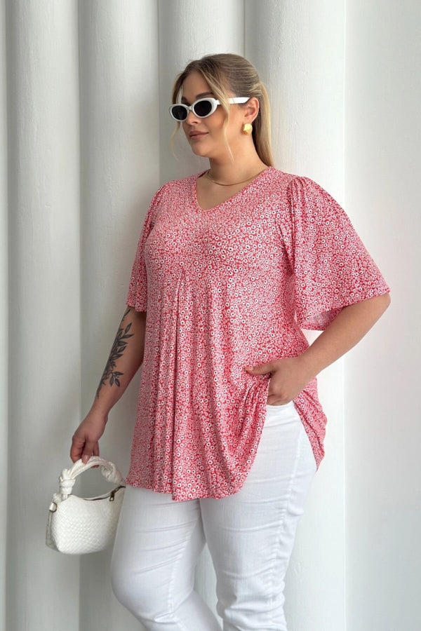 Büyük Beden V Yaka Kısa Kollu Eteği Bollaşan Desenli Bluz 98-5 Vervegrand