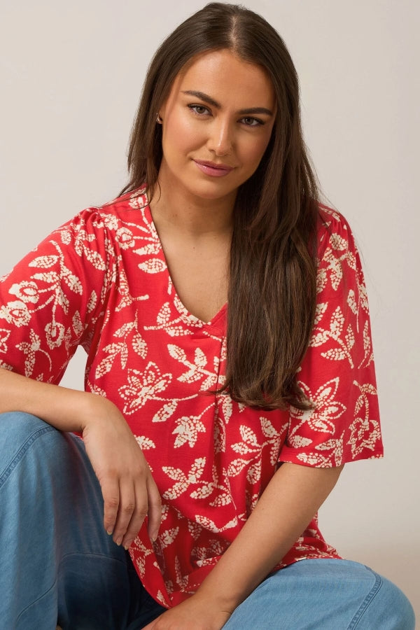 Büyük Beden V Yaka Kısa Kollu Önü Pileli Desenli Likralı Bluz 616172 Vervegrand