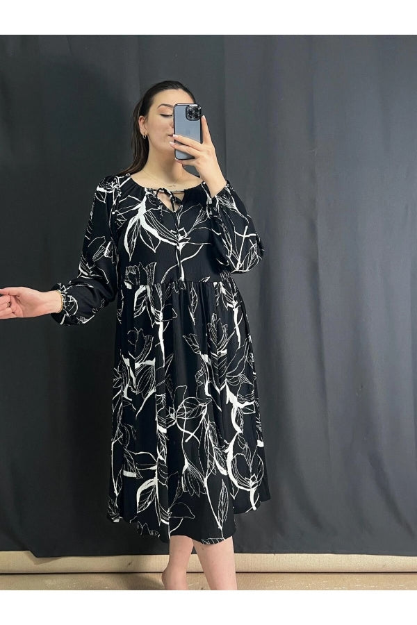 Büyük Beden Önü Bağlamalı Desenli Uzun Kollu Midi Elbise 302741 Vervegrand