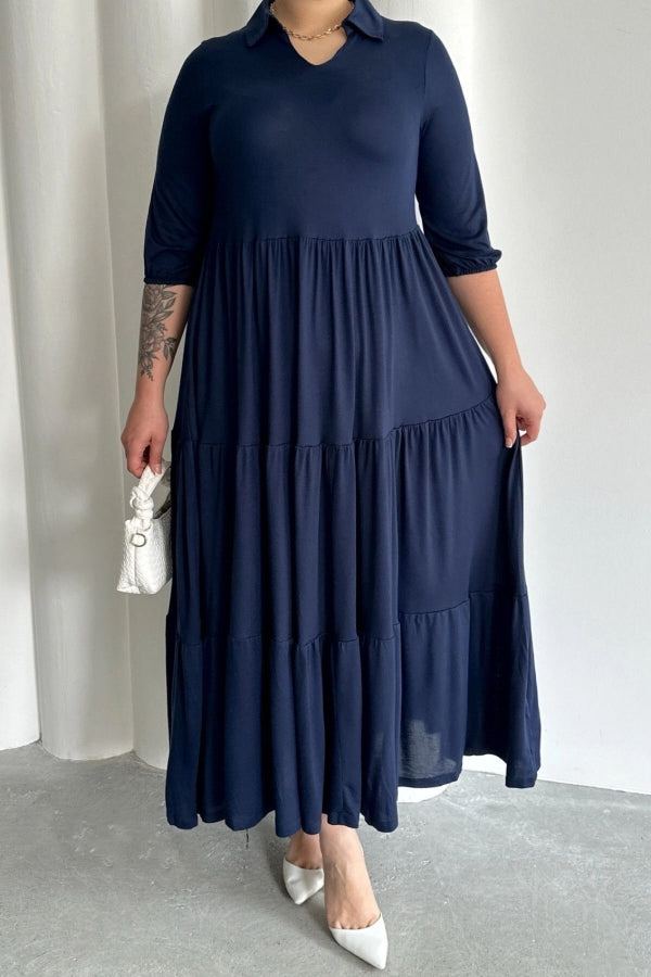 Büyük Beden V Yaka Yarım Kollu Beli Lastikli Uzun Elbise T44 Vervegrand