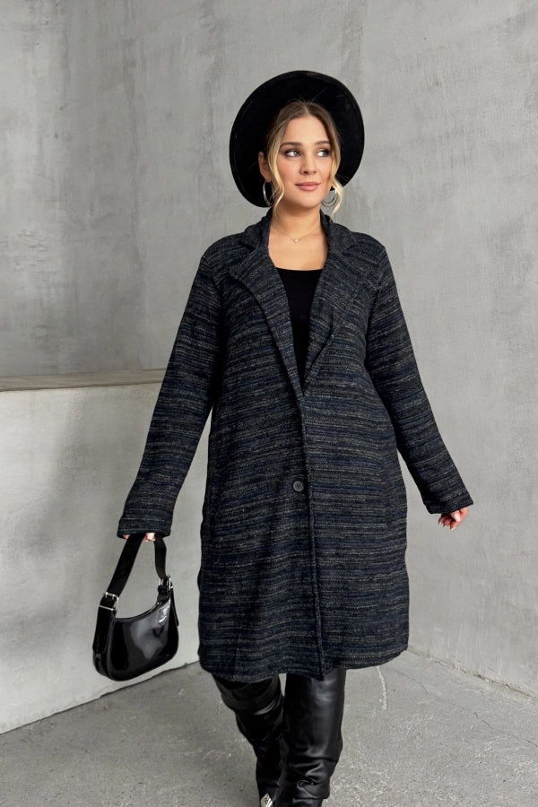 Büyük Beden Uzun Kollu Önü Düğmeli Cepli Uzun İnce Ceket 301800 Vervegrand