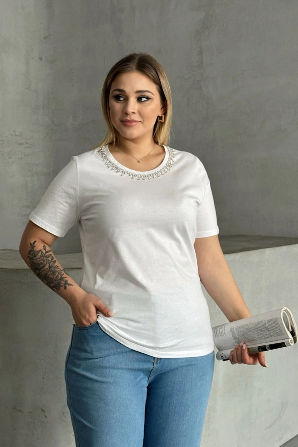 Büyük Beden Bisiklet Yaka Yakası Taş Detaylı Basic T-shirt SD-1064 Vervegrand