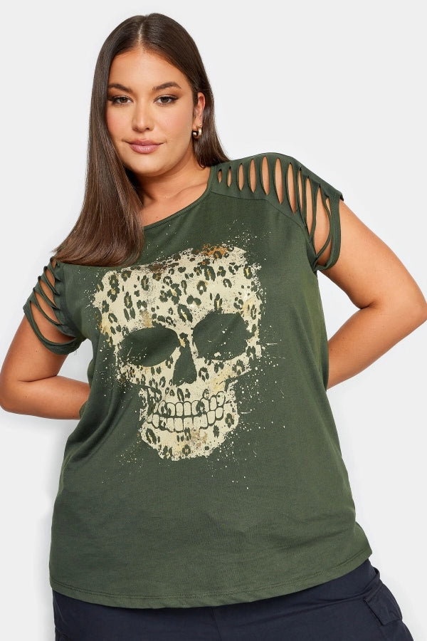 Büyük Beden Kol Detaylı Kuru Kafa Baskılı Bisiklet Yaka T-shirt 321124 Vervegrand