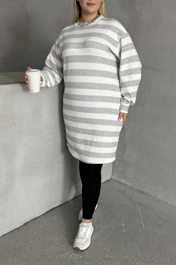 Büyük Beden Bisiklet Yaka Uzun Kollu Bileği Lastikli Çizgili Elbise 303063 Vervegrand