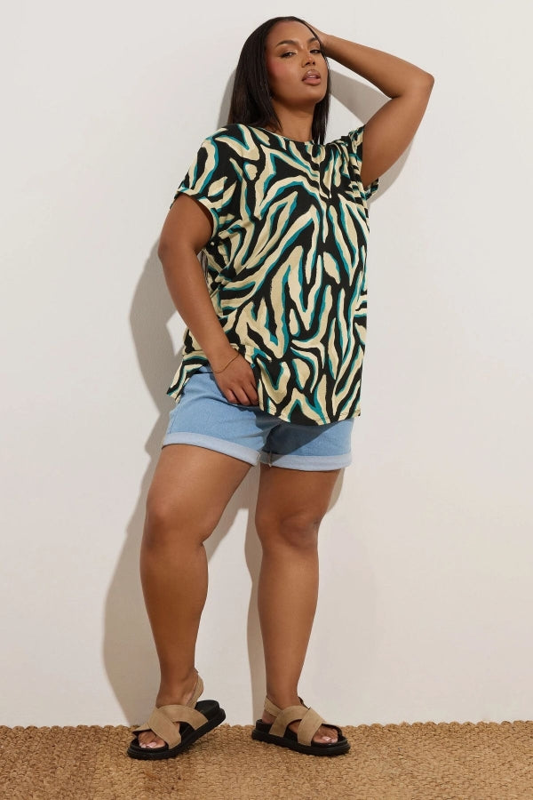 Büyük Beden Bisiklet Yaka Kısa Kollu Zebra Desenli Bluz 303918 Vervegrand
