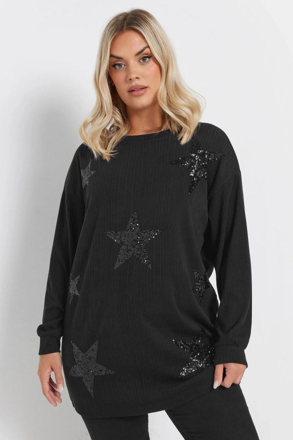 Vervegrand büyük beden payetli yıldız desenli siyah sweatshirt ön görünüm
