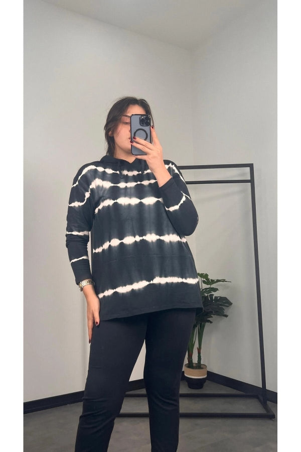 Büyük Beden Uzun Kollu Arkası Uzun Baskılı Kapüşonlu Sweatshirt 301588 Vervegrand