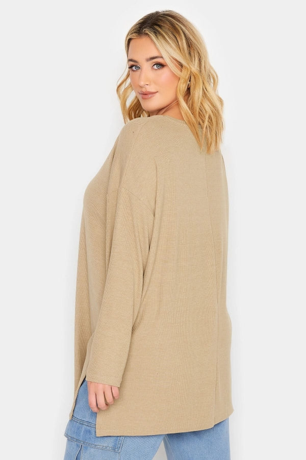 Büyük Beden Yırtmaç Detaylı Uzun Kesim Bisiklet Yaka Triko Bluz 301699 Vervegrand