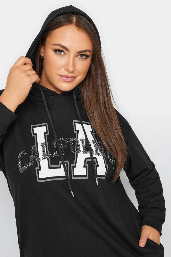 Büyük Beden Kapüşonlu Payet Ve Yazı Detaylı Uzun Kollu Cepli Sweatshirt 302568 Vervegrand