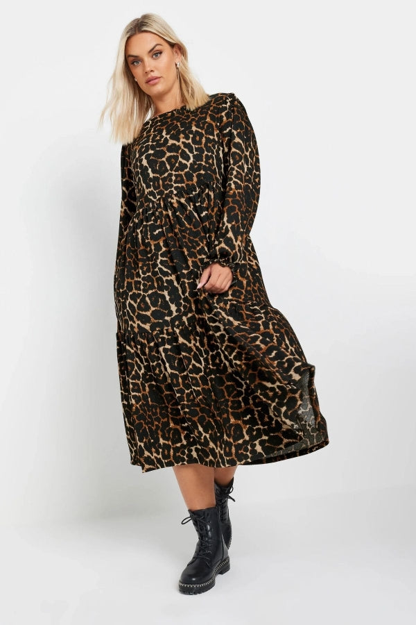 Büyük Beden Yumuşak Dokulu Leopar Desenli Balon Kol Elbise 270014 Vervegrand