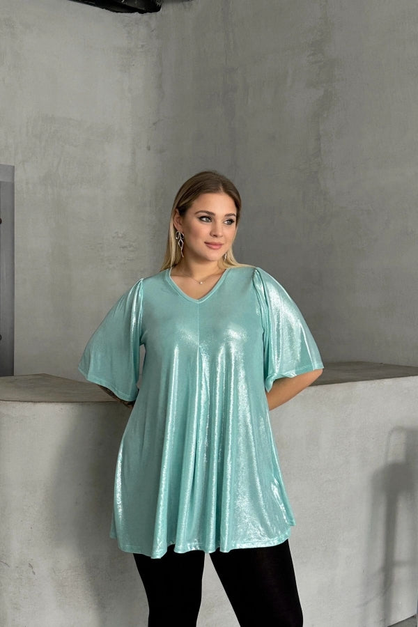 Büyük Beden V Yaka Kısa Kollu Parlak Görünümlü Bluz 303379 Vervegrand