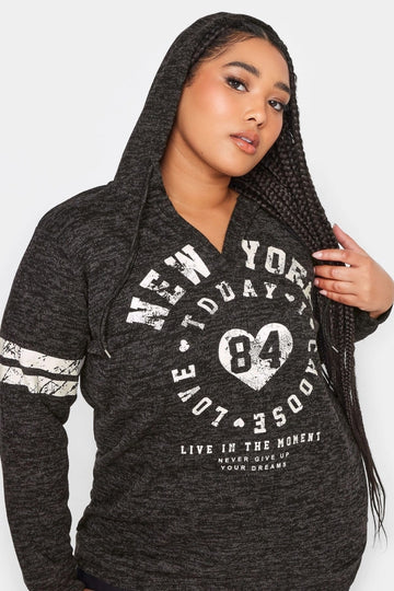 Vervegrand büyük beden v yaka baskılı kapüşonlu siyah sweatshirt