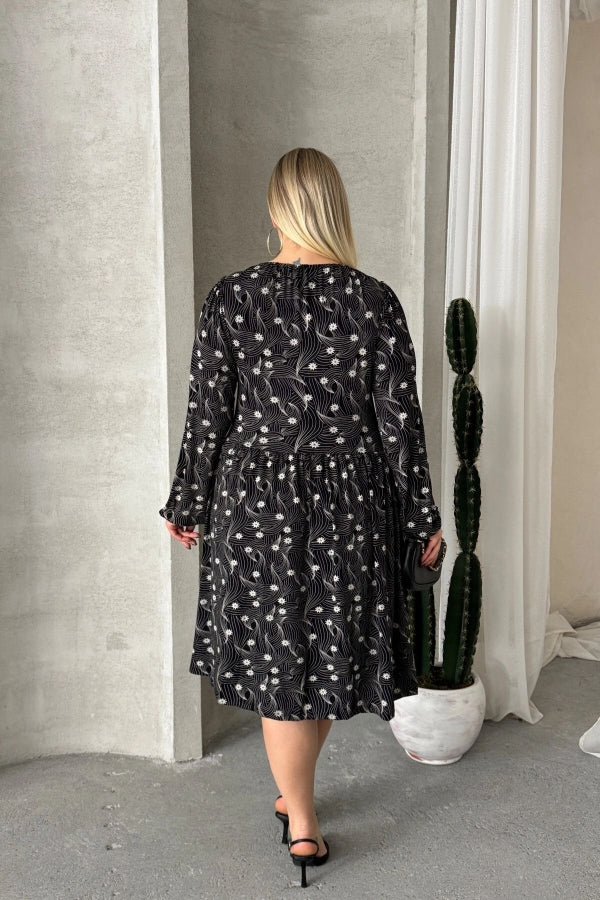 Büyük Beden Uzun Kollu Yakası Bağlama Detaylı Desenli Elbise 100-73 Vervegrand