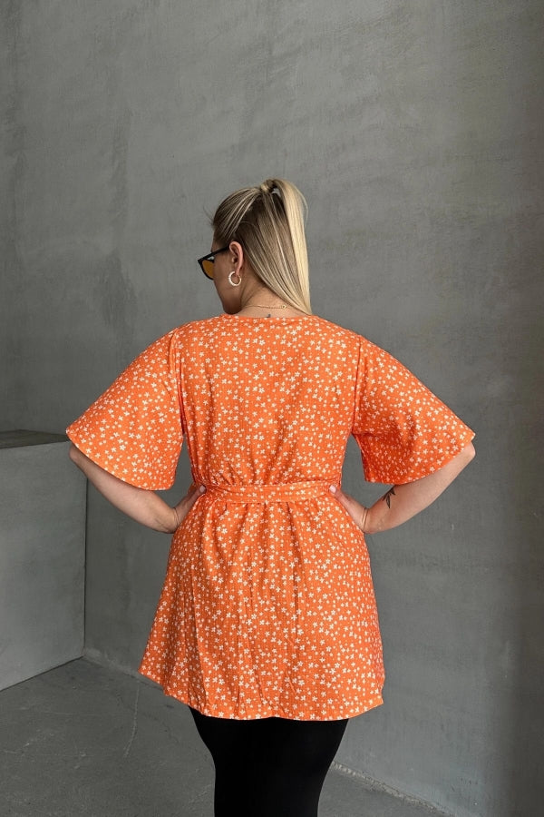 Büyük Beden Kısa Kollu V Yaka Önü Bağlama Detaylı Bluz 97-40 Vervegrand