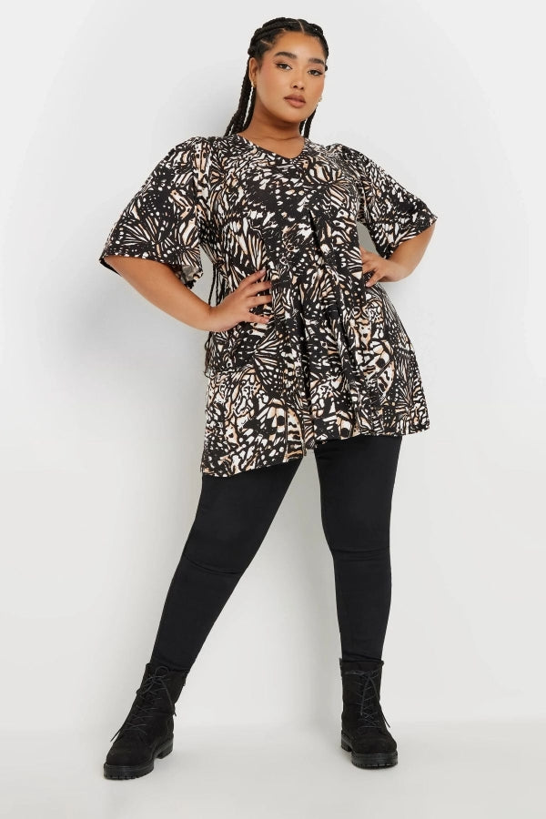 Büyük Beden V Yaka Ön Pileli Kısa Kollu Desenli Bluz 303725 Vervegrand