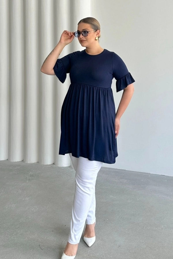 Büyük Beden Kol Detaylı Beli Lastikli Pileli Tunik T-shirt T42 Vervegrand