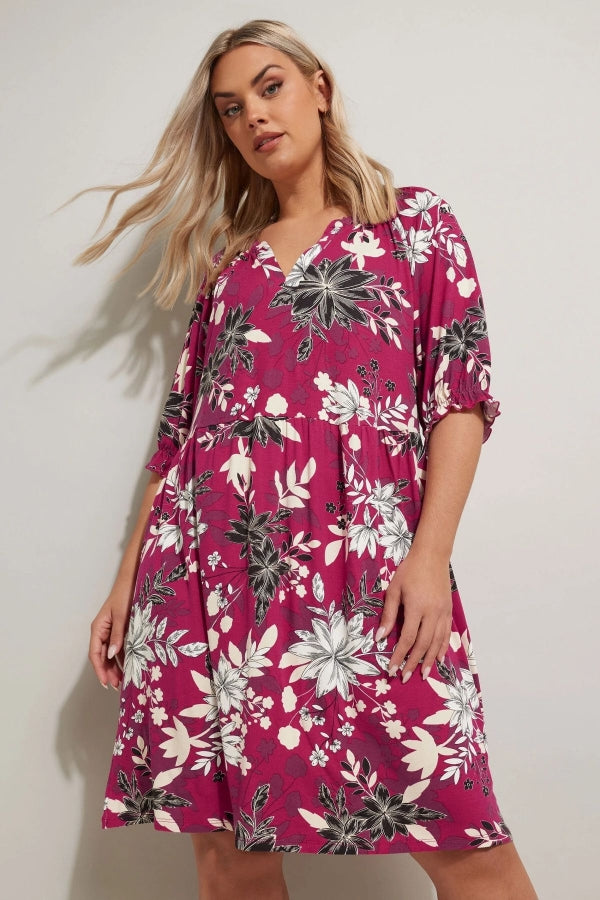 Büyük Beden V Yaka Kısa Kollu Çiçek Desenli Mini Elbise 304079 Vervegrand