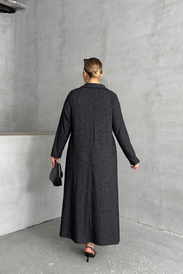 Büyük Beden V Yaka Uzun Kollu Fitilli Eteği Bollaşan Uzun Elbise 322181 Vervegrand