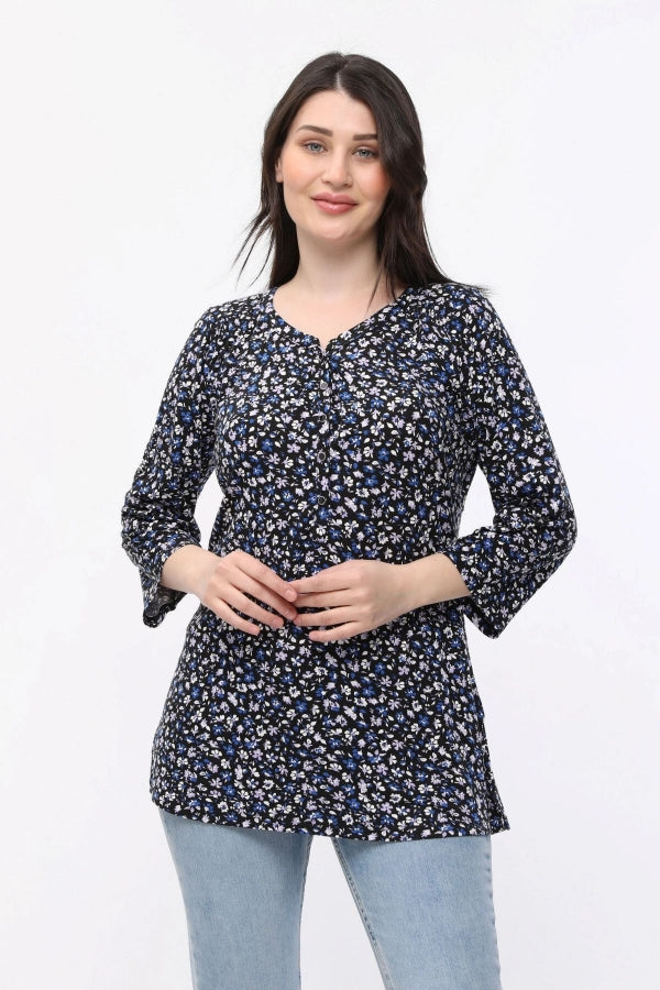 Büyük Beden Çiçek Desenli Önü Düğmeli Fakir Kol Bluz E15156 Vervegrand