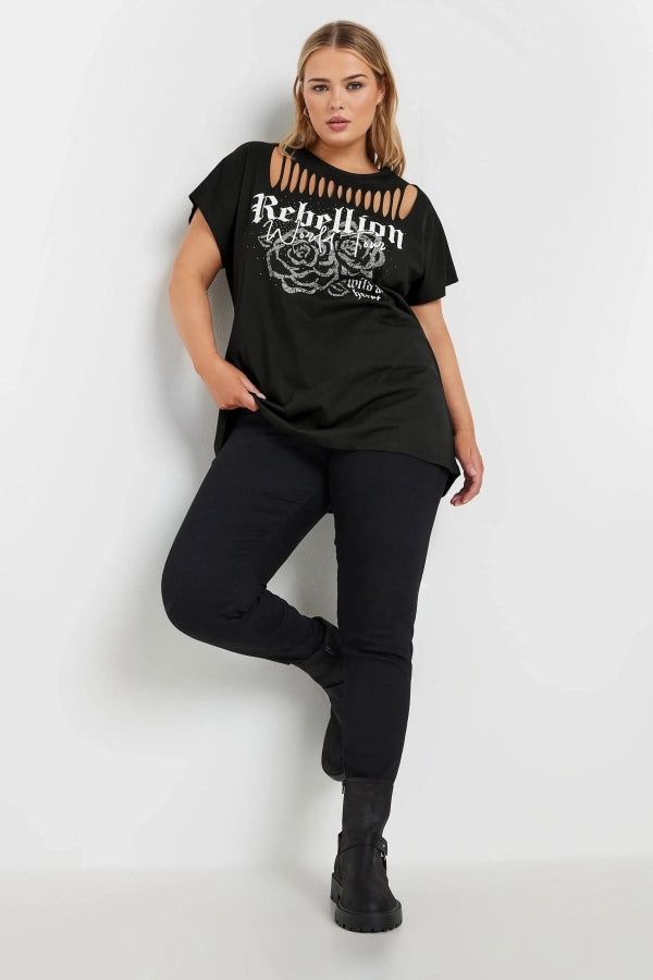 Büyük Beden Bisiklet Yaka Yırtık Detaylı Kısa Kollu Baskılı T-shirt 322124 Vervegrand