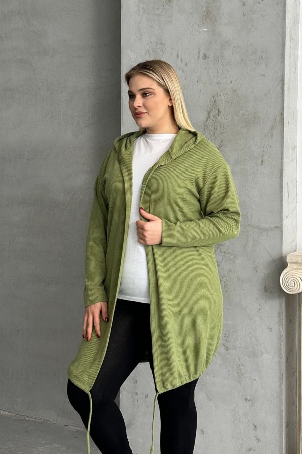 Büyük Beden Uzun Kollu Kapüşonlu Önü Kapamasız Fitilli Hırka 74-136 Vervegrand