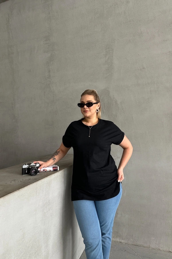 Büyük Beden Kısa Kollu Bisiklet Yaka Yanları Yırtmaçlı Basic T-shirt RFT-01 Vervegrand