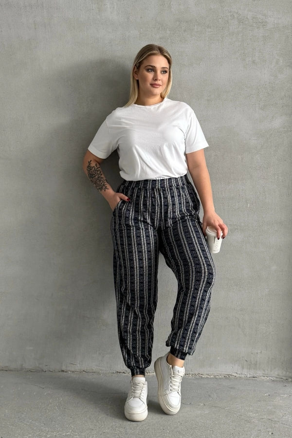 Büyük Beden Beli ve Paçası Lastikli Çizgili Cepli Pantolon 89-71 Vervegrand