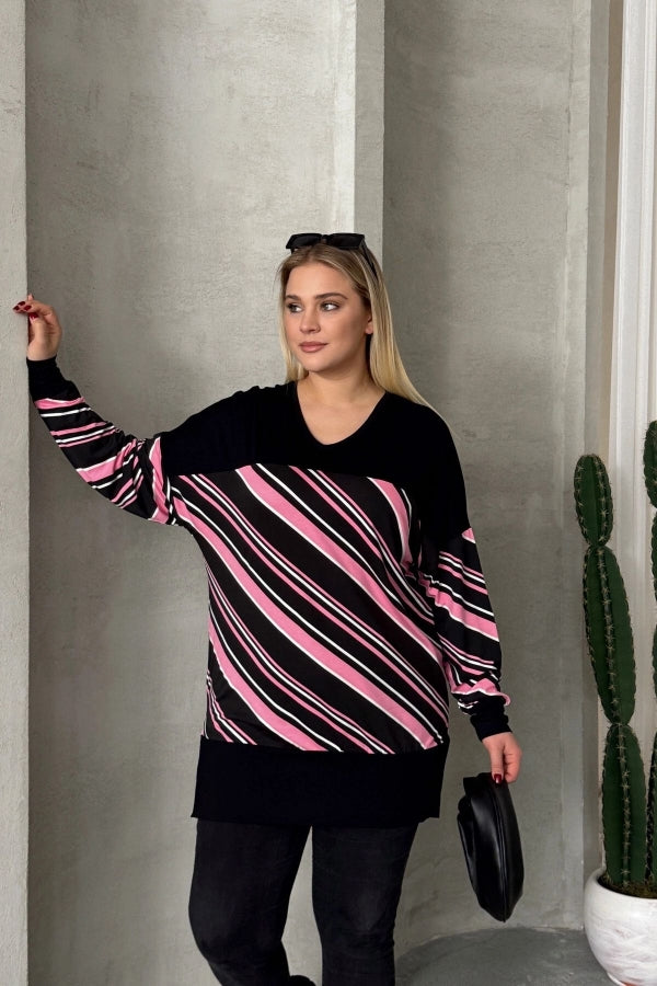 Büyük Beden V Yaka Uzun Kollu Bileği Lastikli Yırtmaçlı Bluz 303086 Vervegrand