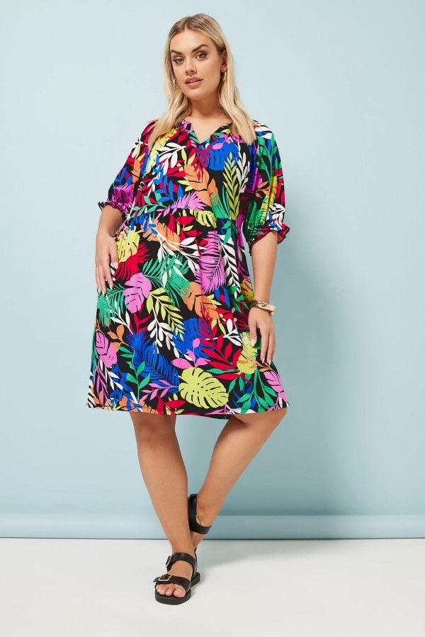 Büyük Beden V Yaka Çiçek Desenli Mini Elbise 304070 Vervegrand