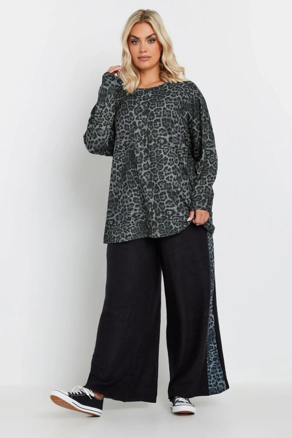 Büyük Beden Bisiklet Yaka Uzun Kollu Leopar Desenli Bluz 322186 Vervegrand