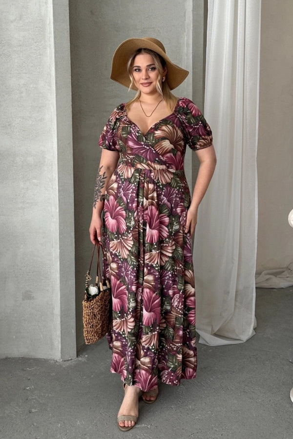 Büyük Beden Kısa Kollu Prenses Yaka Çiçek Desenli Maxi Elbise 74-80 Vervegrand