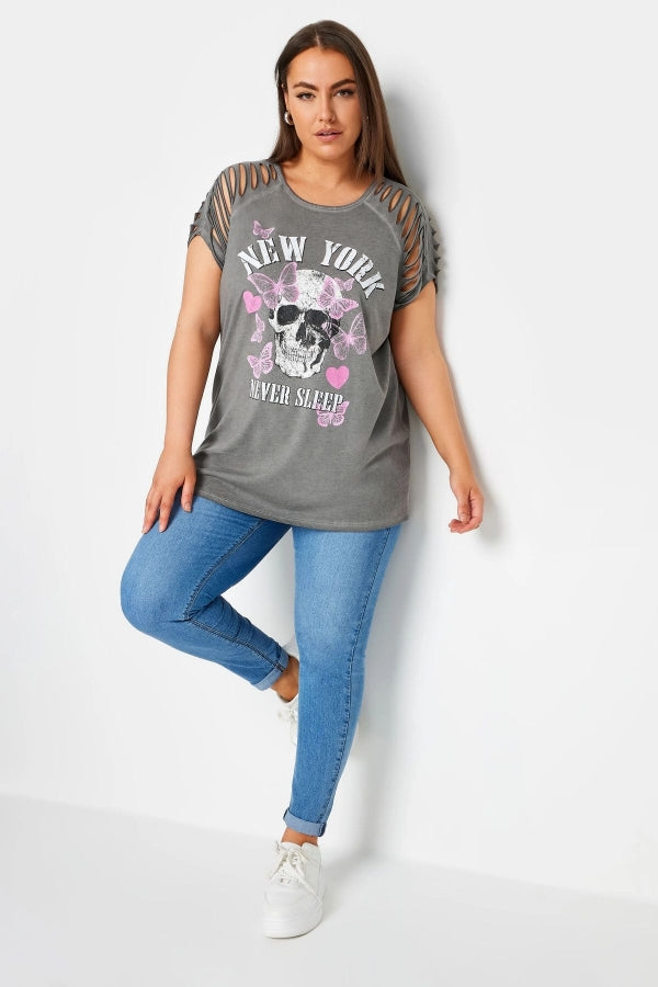 Büyük Beden Bisiklet Yaka Kol ve Omuz Detaylı Baskılı T-shirt 303138 Vervegrand